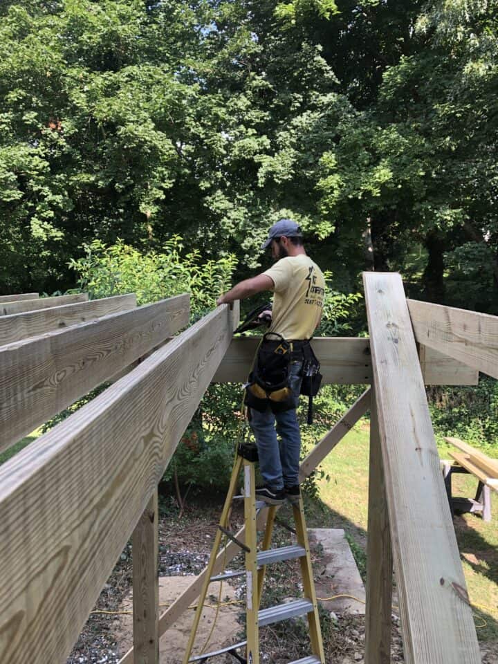 Showing professionals building a deck